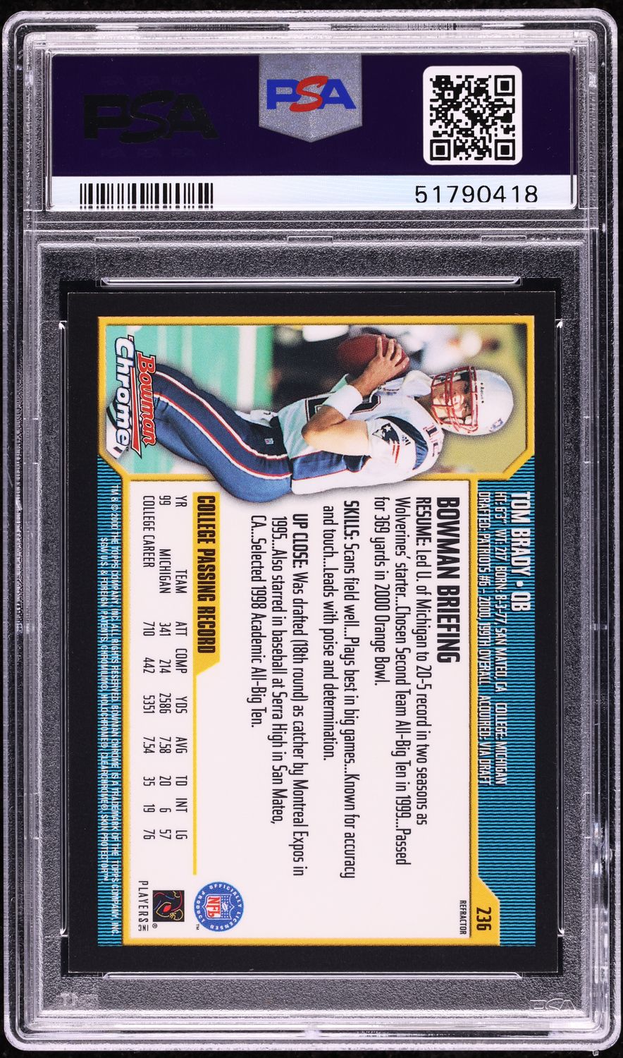 2000 Bowman Chrome Refractor Tom Brady ROOKIE #236 PSA 8 NM-MT