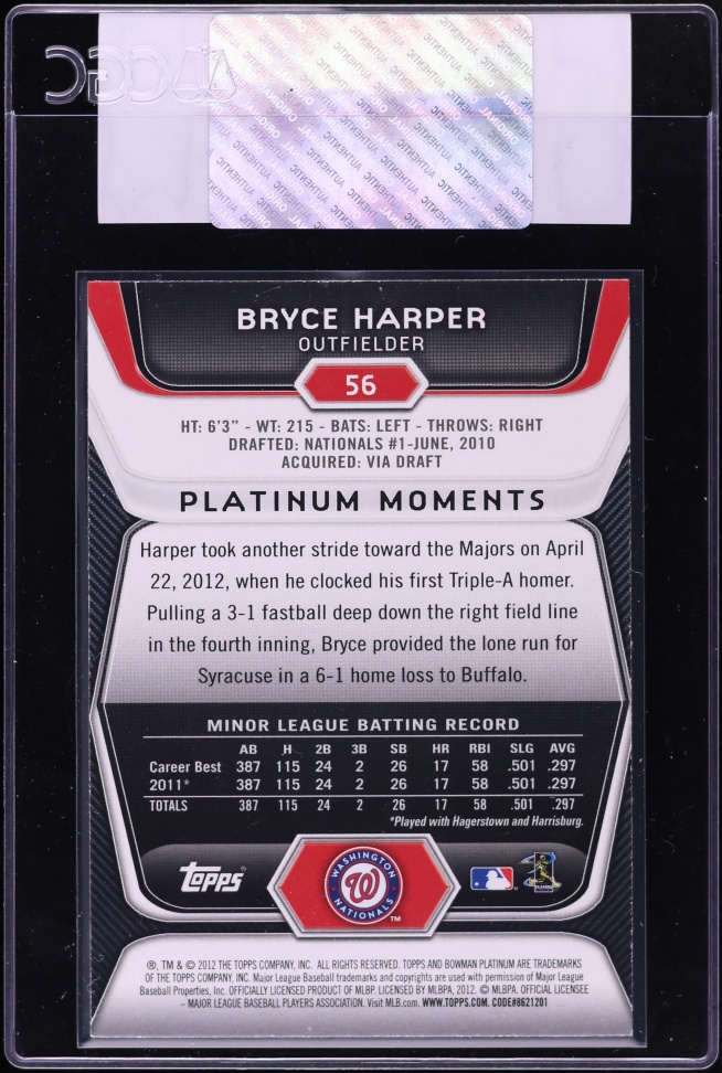 2012 Bowman Platinum Bryce Harper ROOKIE #56 CGC AUTH