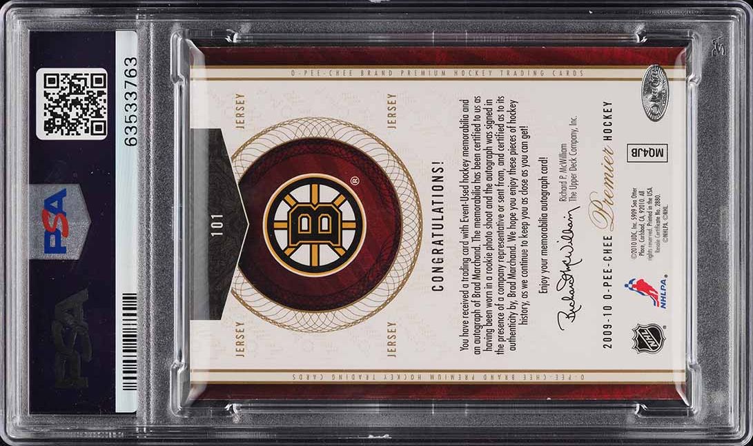 2009 O-Pee-Chee Premier Brad Marchand ROOKIE PATCH AUTO DNA 10 /299 #101 PSA 7 NRMT