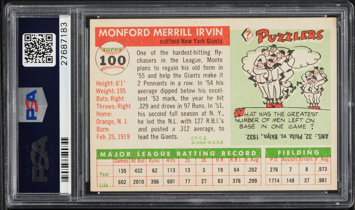 1955 Topps Monte Irvin #100 PSA 6 EXMT