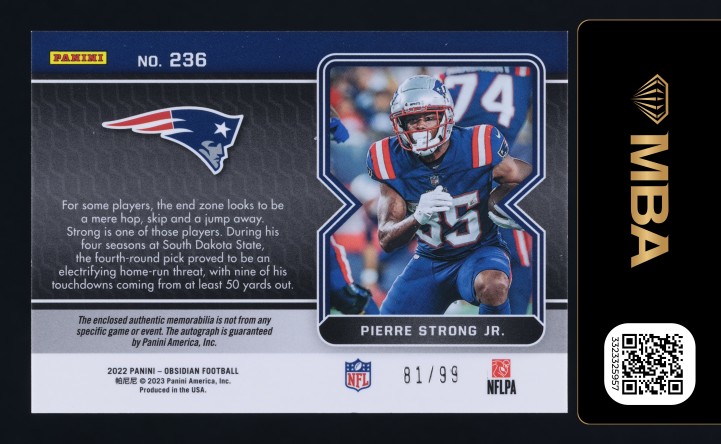 2022 Panini Obsidian E/E Orange Pierre Strong Jr RC PATCH AUTO /99 #236 MBA AUTH
