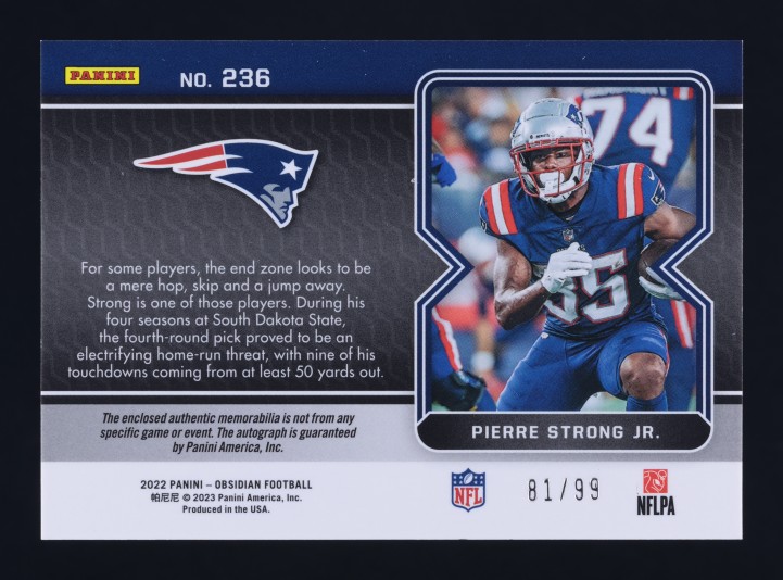2022 Panini Obsidian E/E Orange Pierre Strong Jr RC PATCH AUTO /99 #236 MBA AUTH