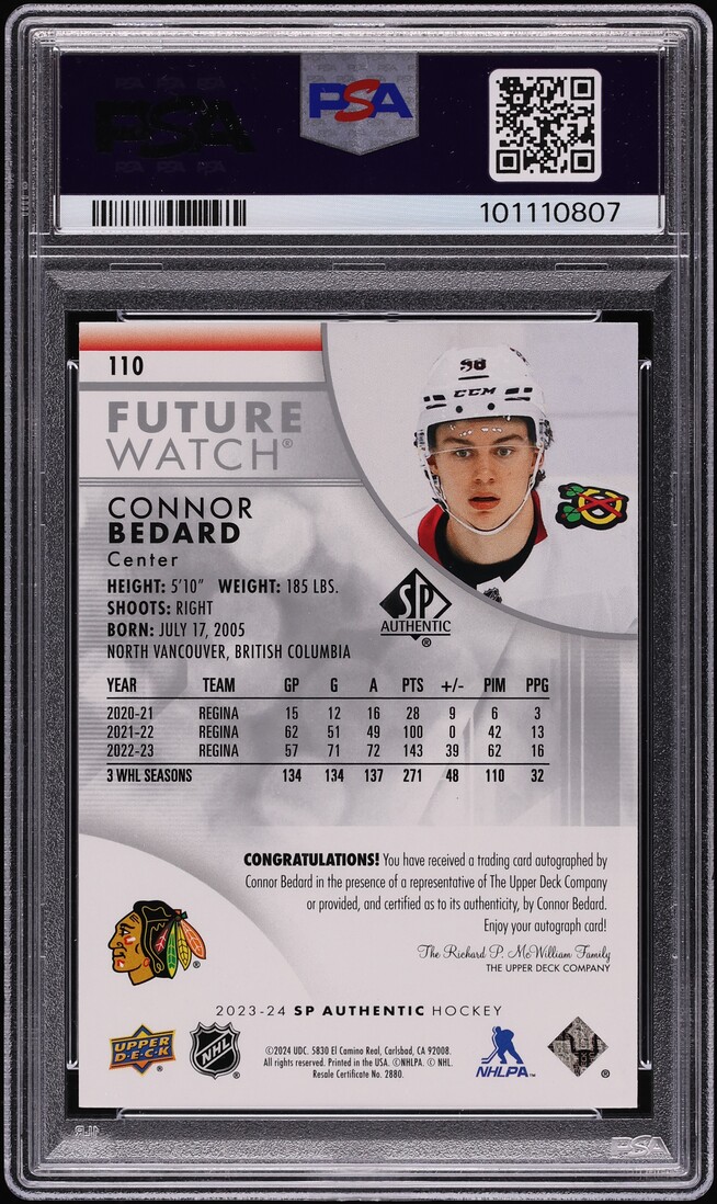 2023 SP Authentic Future Watch Connor Bedard ROOKIE AUTO /999 #110 PSA 10 GEM MINT