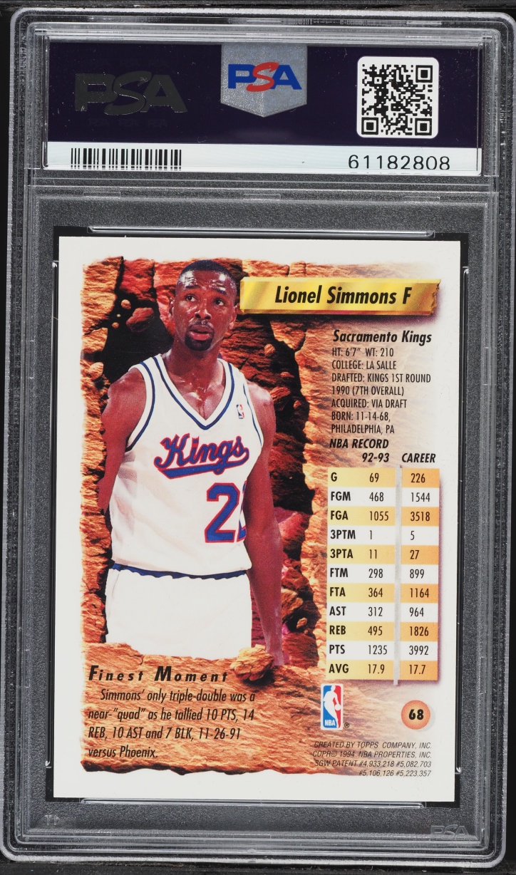 1993 Finest Refractor Lionel Simmons #68 PSA 7 NRMT