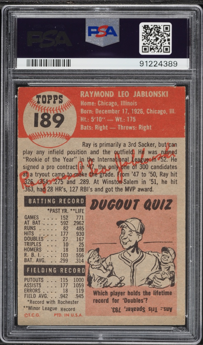 1953 Topps Ray Jablonski #189 PSA 6 EXMT