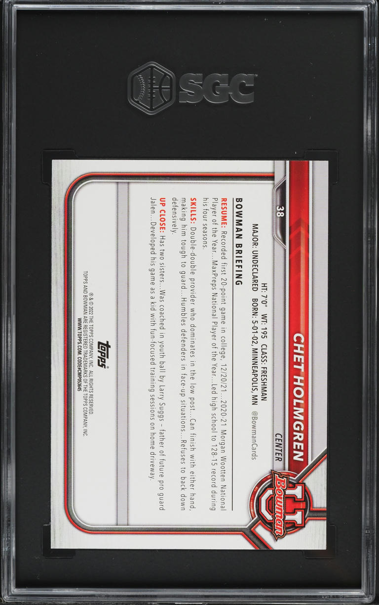 2021 Bowman University Chet Holmgren ROOKIE #38 SGC 10 GEM MINT