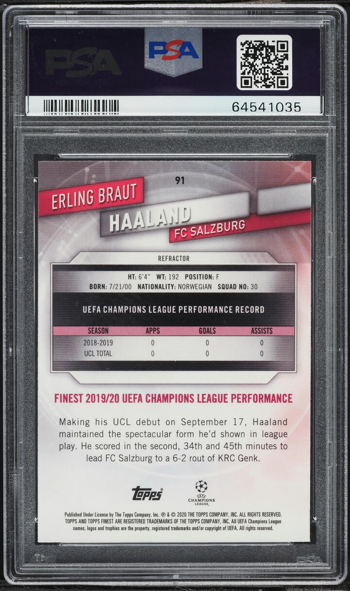 2019 Finest UEFA Champions League Refractor Erling Haaland ROOKIE #91 PSA 9 MINT