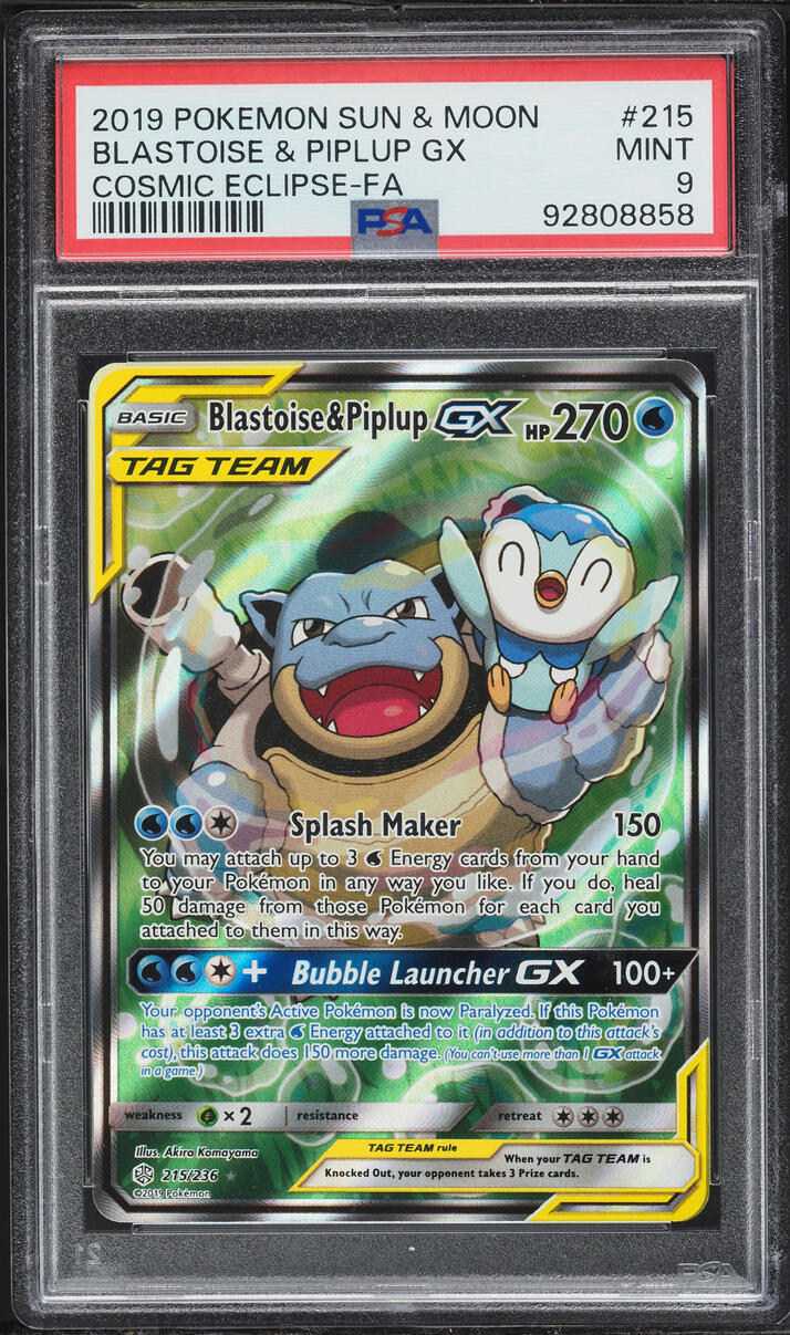 2019 Pokemon Sun & Moon Cosmic Eclipse Full Art Blastoise & Piplup GX #215 PSA 9 MINT