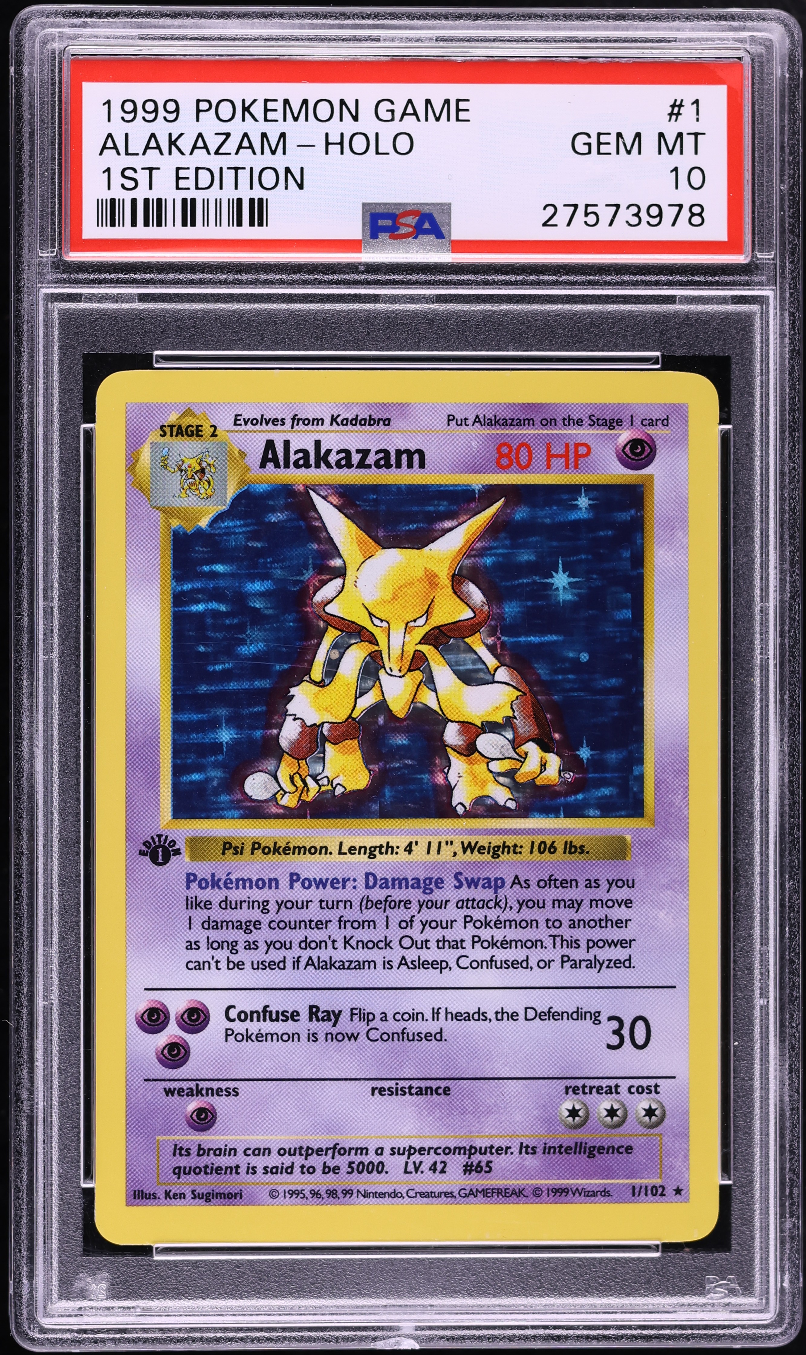 1999 Pokemon Base Set Shadowless 1st Edition Holo Alakazam #1 PSA 10 GEM MINT