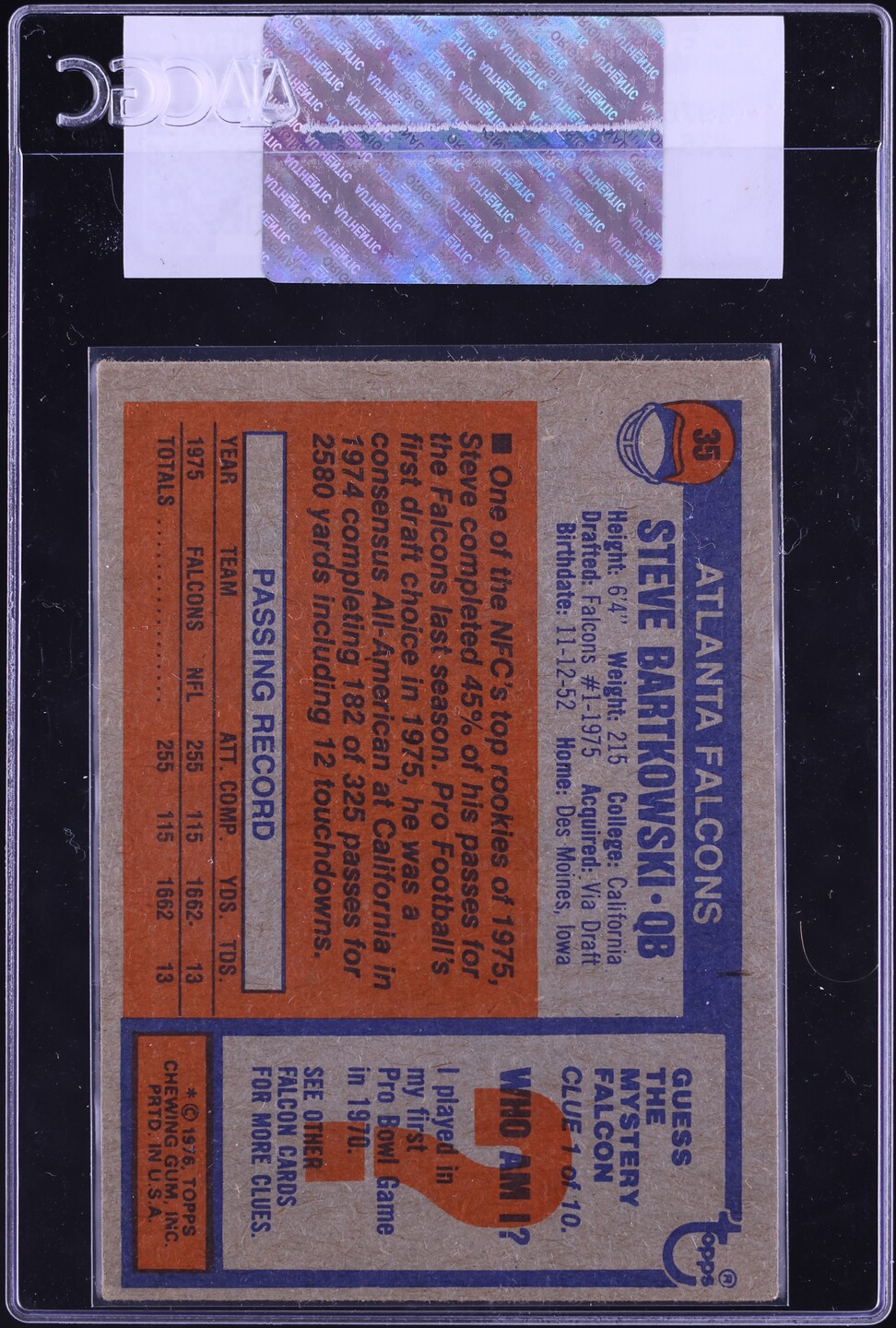 1976 Topps Football Steve Bartkowski ROOKIE #35 CGC AUTH