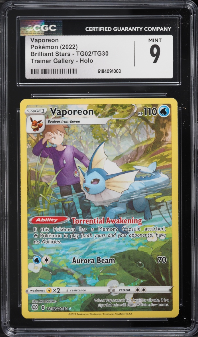 2022 Pokemon Sword & Shield Brilliant Stars Full Art Vaporeon #TG02 CGC 9 MINT