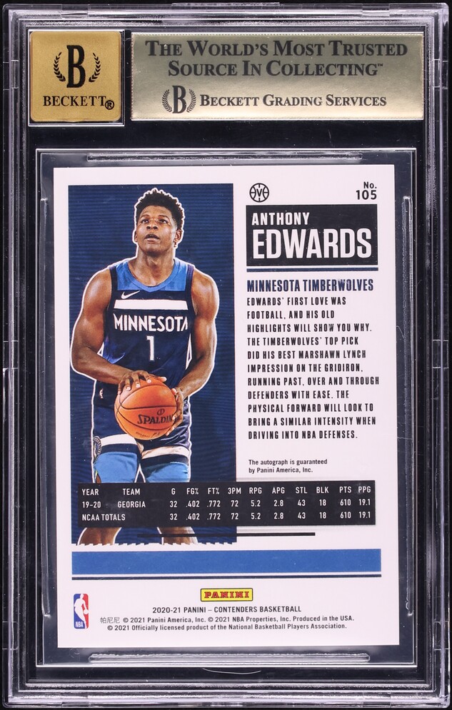 2020 Panini Contenders Playoff Ticket Anthony Edwards ROOKIE AUTO /99 #105 BGS 9.5 GEM MINT