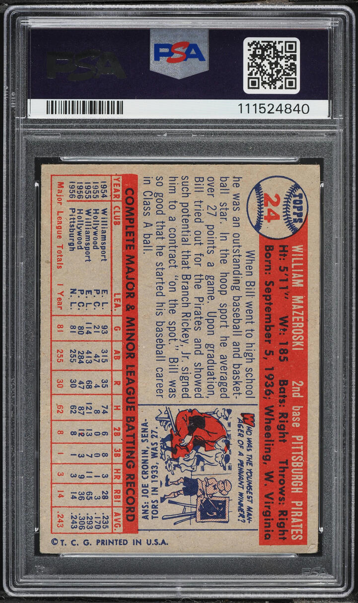 1957 Topps Bill Mazeroski ROOKIE #24 PSA 2 GD