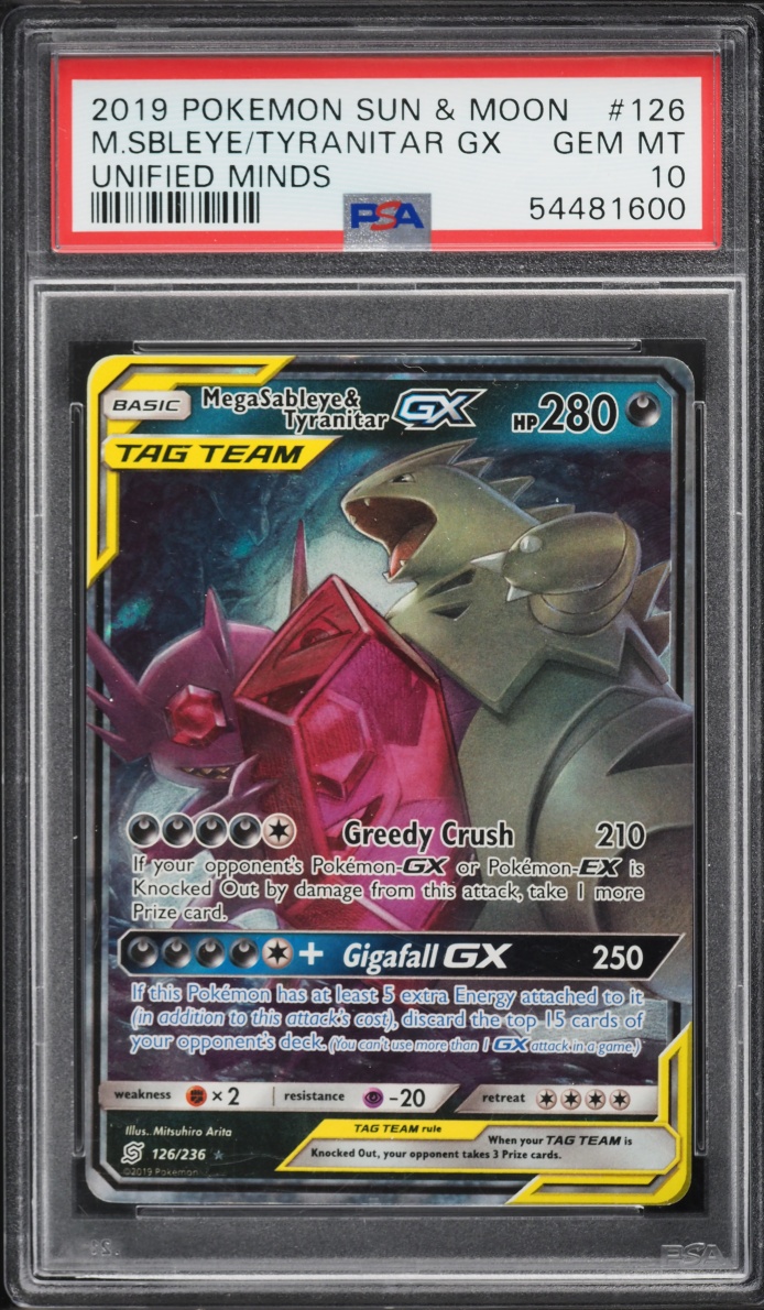 2019 Pokemon Sun & Moon Unified Minds Holo Mega Sableye & Tyranitar GX #126 PSA 10 GEM MINT