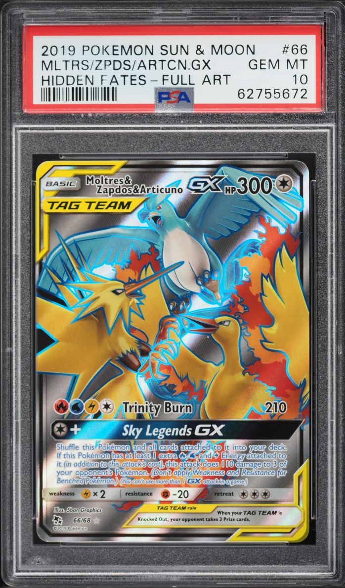 2019 Pokemon Sun & Moon Hidden Fates Full Art Moltres Zapdos Articuno GX #66 PSA 10 GEM MINT