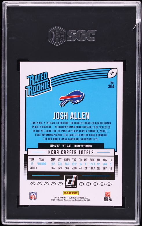 2018 Donruss Football Josh Allen ROOKIE #304 SGC 9 MINT
