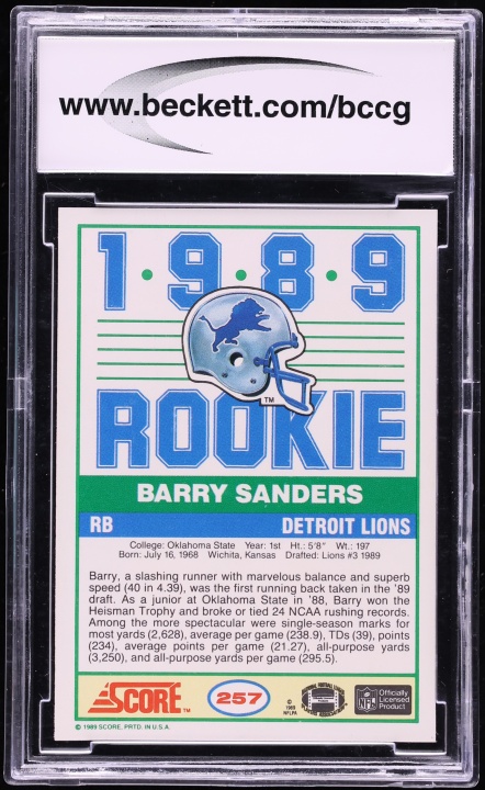 1989 Score Football Barry Sanders ROOKIE #257 BCCG 10