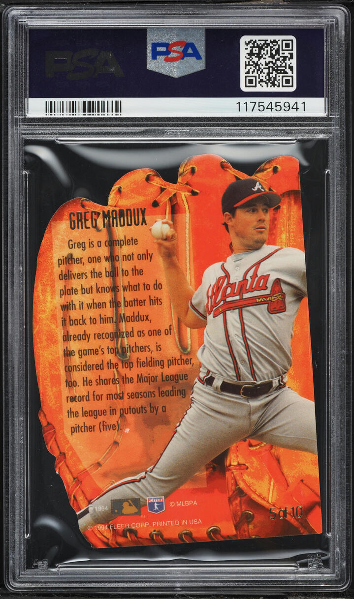 1994 Flair Hot Gloves Die-Cut Greg Maddux #5 PSA 9 MINT - Photo 2