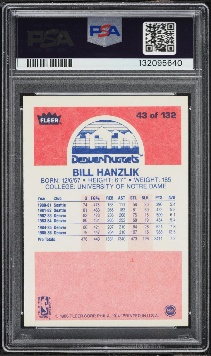 1986 Fleer Basketball Bill Hanzlik #43 PSA 8 NM-MT - Photo 2