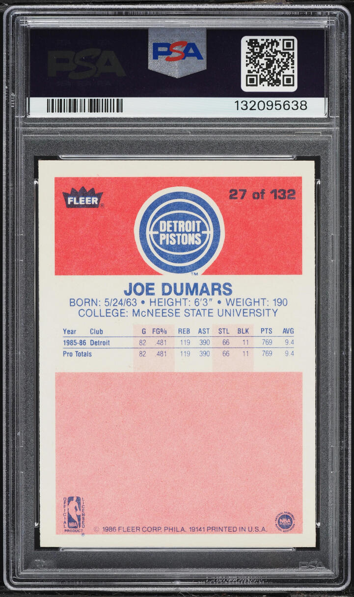 1986 Fleer Basketball Joe Dumars ROOKIE #27 PSA 8.5 NM-MT+ - Photo 2