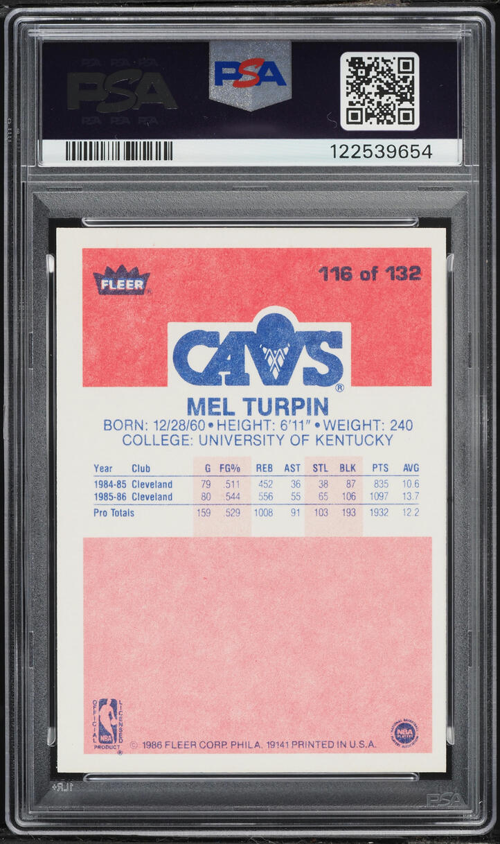 1986 Topps Basketball Melvin Turpin ROOKIE #116 PSA 9 MINT - Photo 2