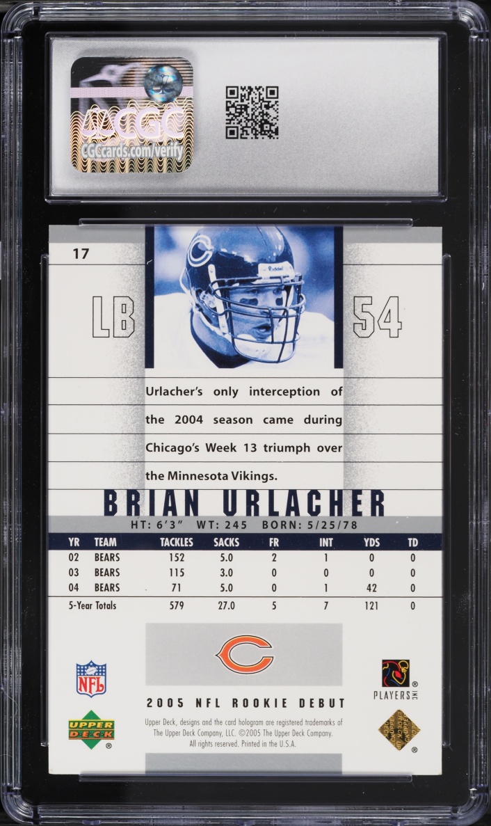 2005 Upper Deck Debut Gold Brian Urlacher ROOKIE /150 #17 CGC 7.5 NRMT+