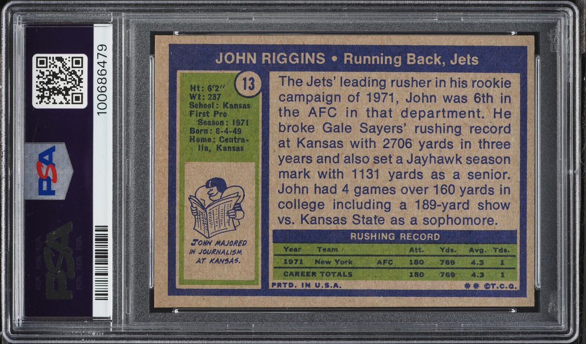 1972 Topps Football John Riggins ROOKIE #13 PSA 8 NM-MT