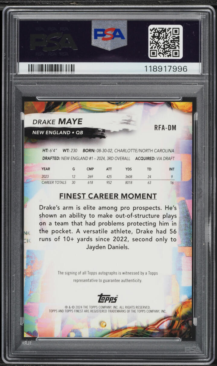 2024 Finest Football Drake Maye ROOKIE AUTO #RFADM PSA 10 GEM MINT