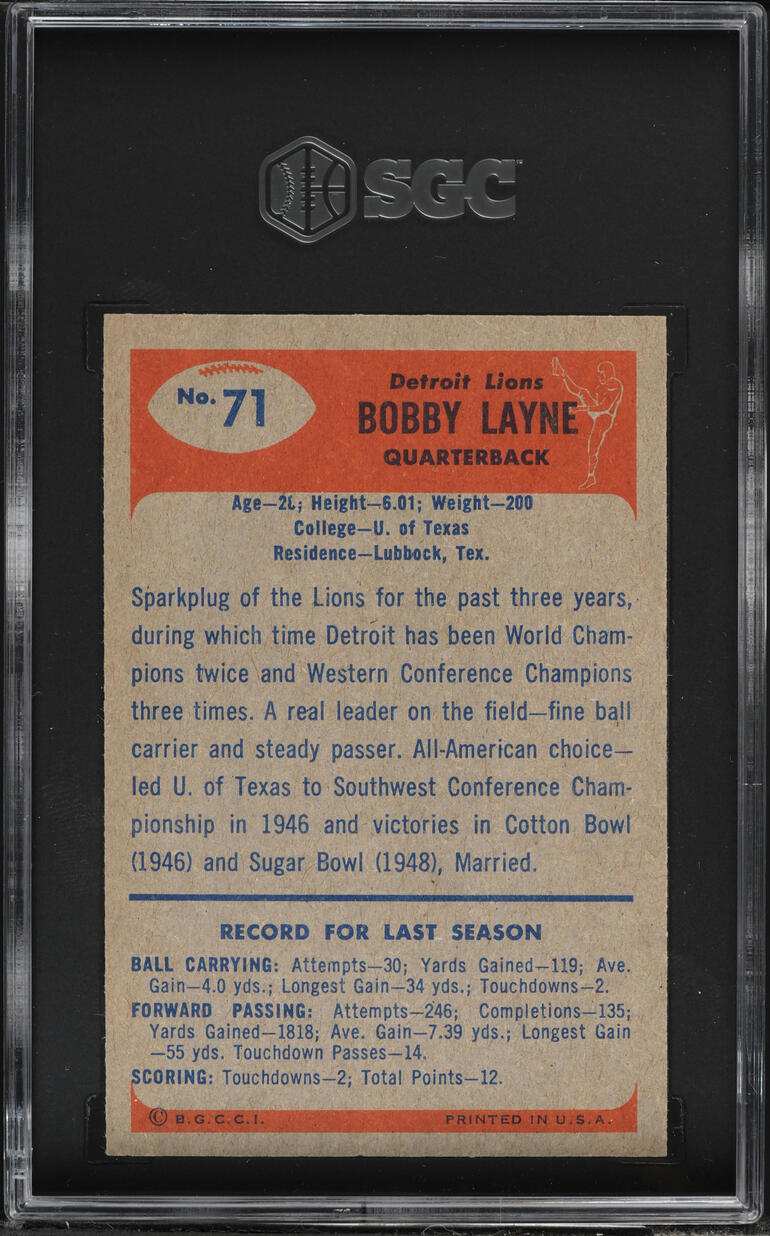 1955 Bowman Football Bobby Layne #71 SGC 5 EX