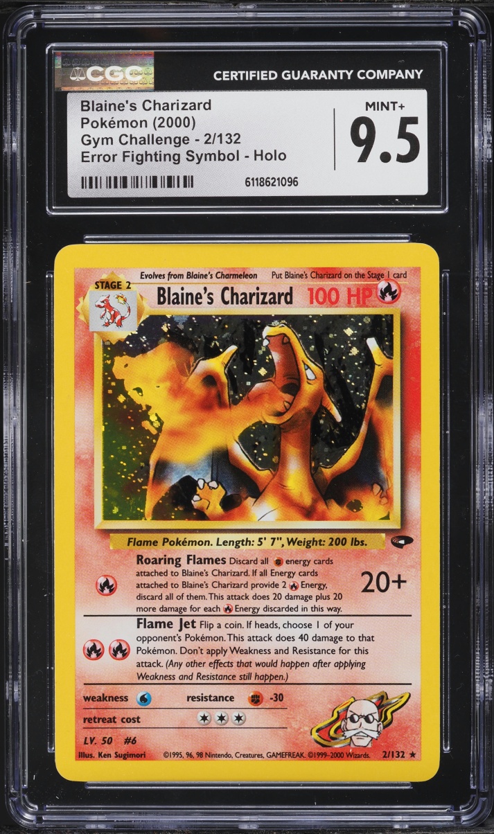 2000 Pokemon Gym Challenge Error Fighting Symbol Holo Blaine's Charizard #2 CGC 9.5 MINT+