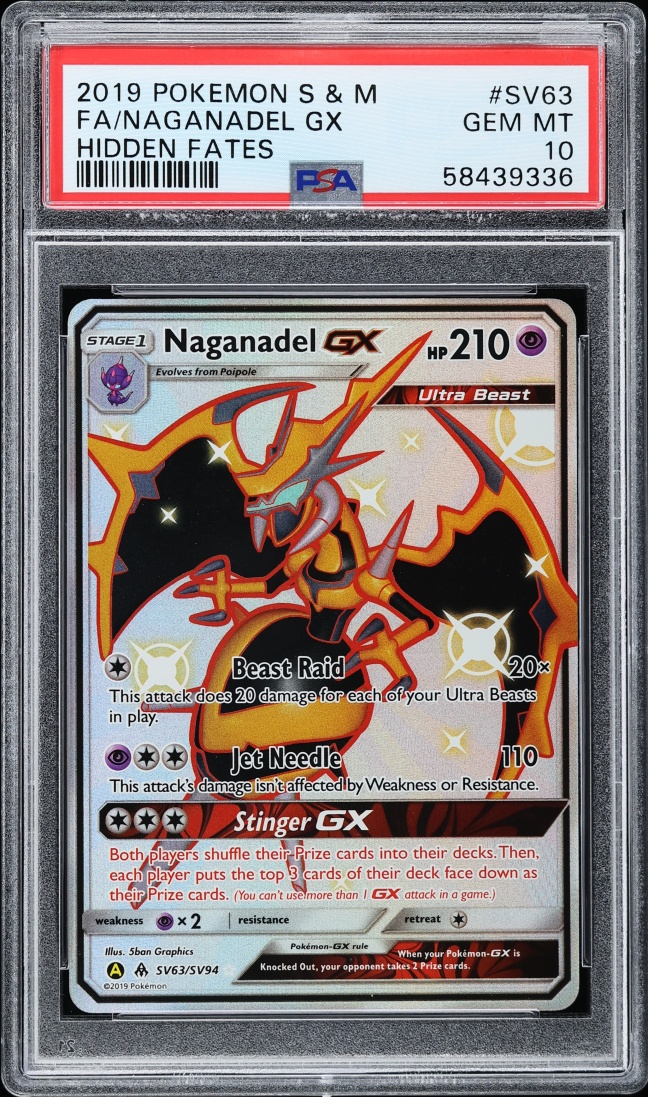 2019 Pokemon Sun & Moon Hidden Fates Shiny Vault Full Art Naganadel GX #SV63 PSA 10 GEM MINT