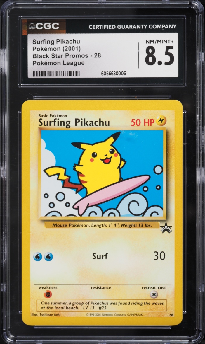 2001 Pokemon League Black Star Promo Surfing Pikachu #28 CGC 8.5 NM-MT+