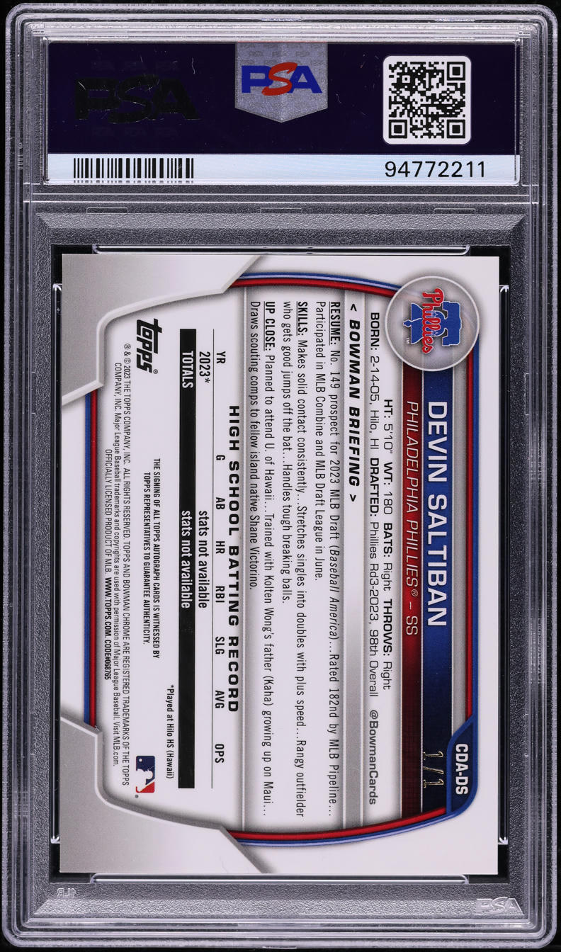 2023 Bowman Chrome Draft Superfractor Devin Saltiban PROSPECT AUTO 1/1 #CDA-DS PSA 9 MINT