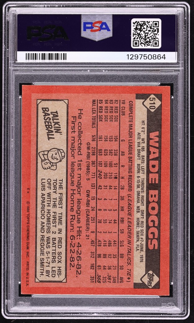 1986 Topps Wade Boggs #510 PSA 7 NRMT