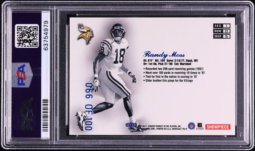 1998 Flair Showcase Legacy Collection Row 0 Randy Moss ROOKIE /100 #5 PSA 8 NM-MT - Photo 2