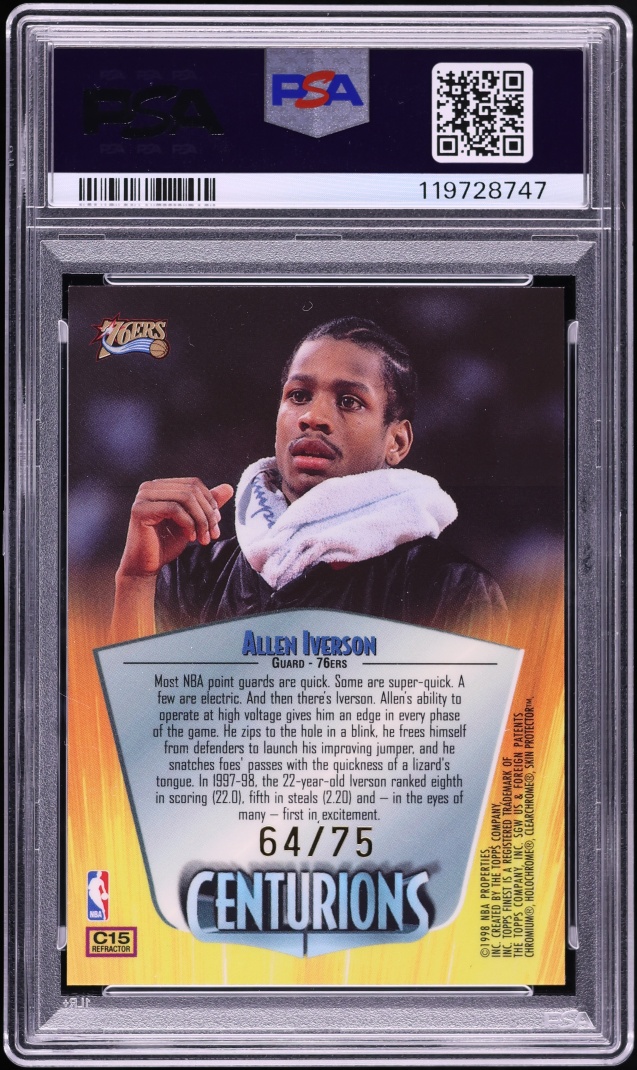 1998 Finest Centurions Refractor Allen Iverson /75 #C15 PSA 9 MINT - Photo 2