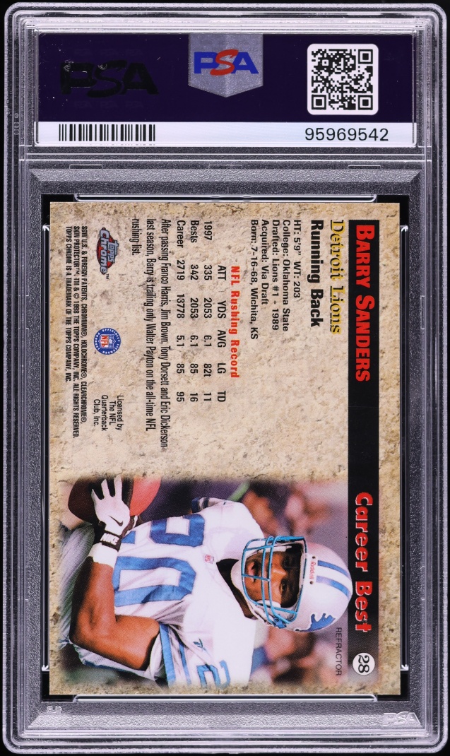 1998 Topps Chrome Season's Best Refractor Barry Sanders #28 PSA 10 GEM MINT - Photo 2