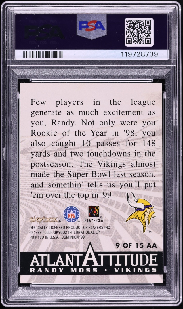 1999 Skybox Dominion Atlantattitude Warp Tek Randy Moss /84 #9 PSA 8 NM-MT - Photo 2