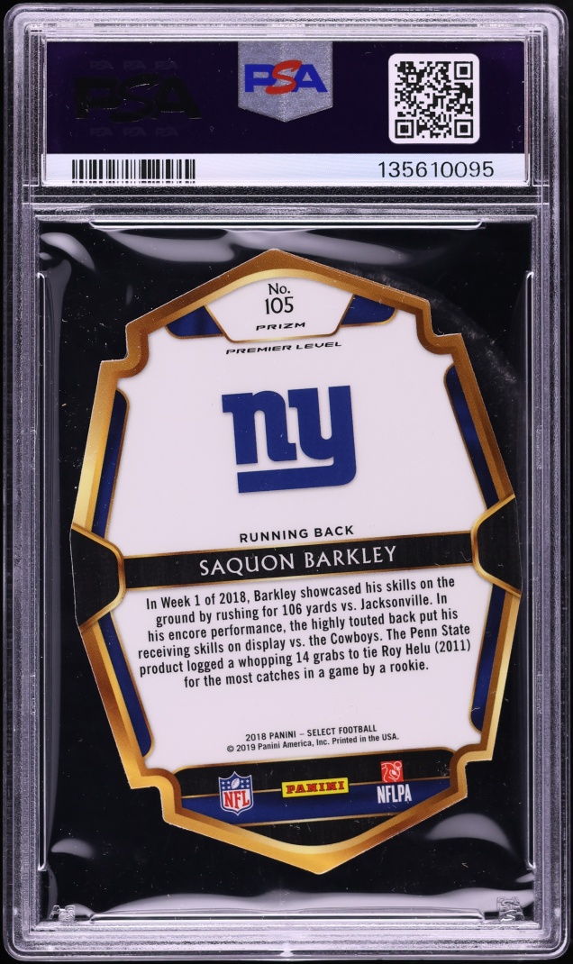 2018 Select Premier Level Zebra Prizms Die-Cut Saquon Barkley ROOKIE #105 PSA 10 GEM MINT - Photo 2