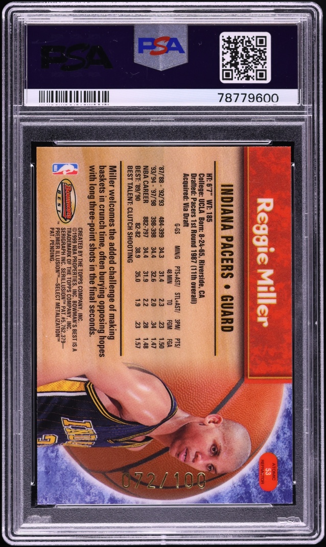 1998 Bowman's Best Atomic Refractor Reggie Miller /100 #53 PSA 9 MINT - Photo 2