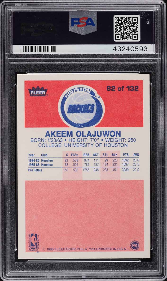 1986 Fleer Basketball Hakeem Olajuwon ROOKIE #82 PSA 9 MINT