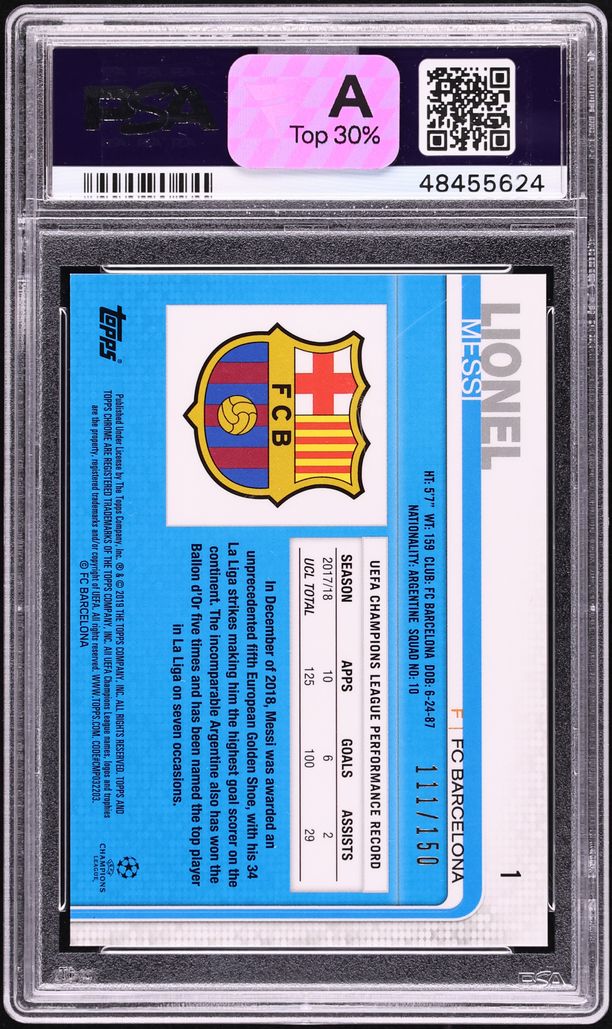 2018 Topps Chrome UEFA Champions League Blue Refractor Lionel Messi /150 #1 PSA 10 GEM MINT