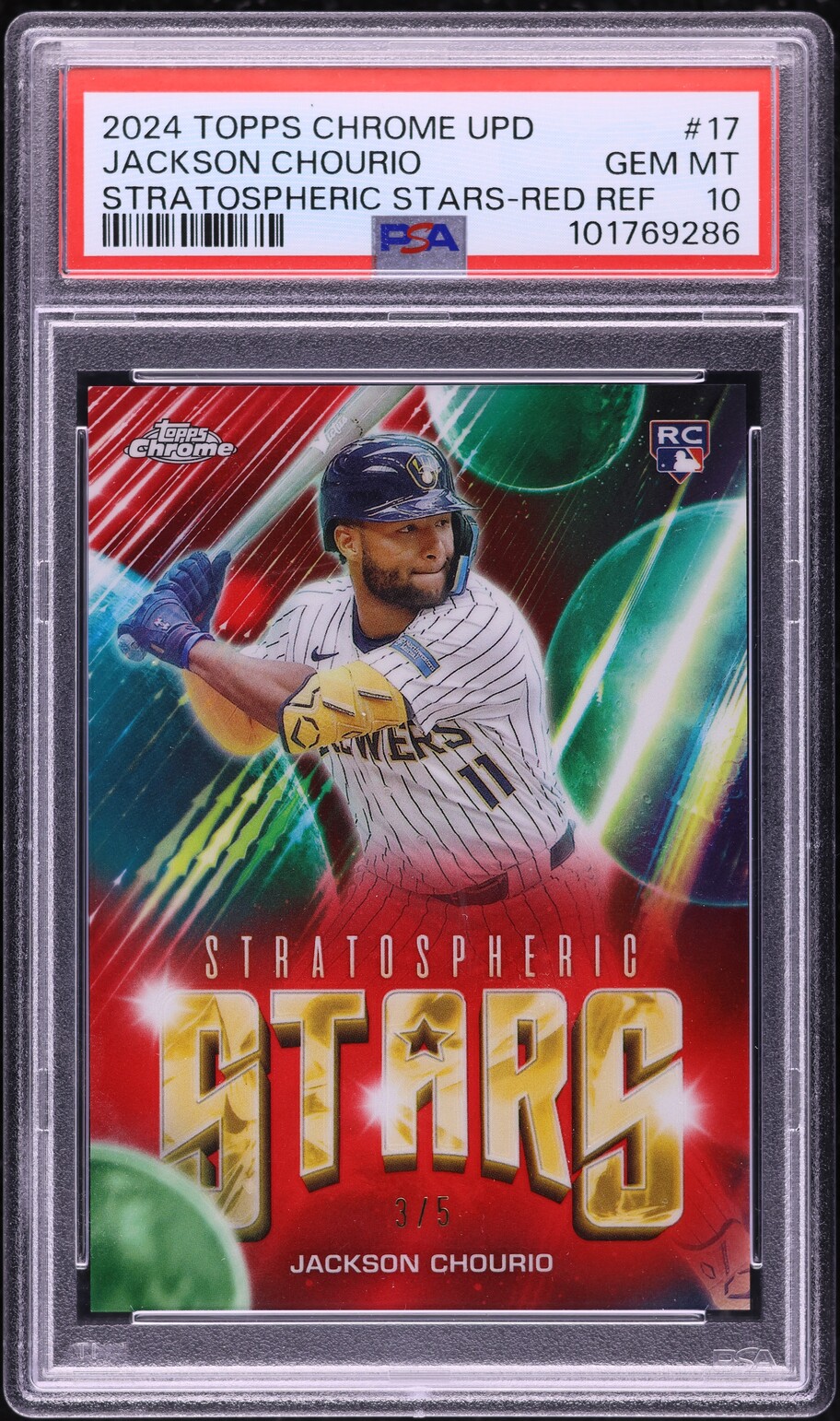 2024 Topps Chrome Update Stratospheric Stars Red Jackson Chourio RC /5 PSA 10