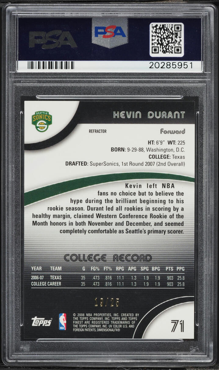 2007 Finest Gold Refractor Kevin Durant ROOKIE /25 #71 PSA 10 GEM MINT