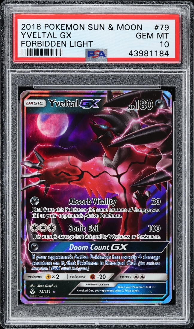 2018 Pokemon Sun & Moon Forbidden Light Holo Yveltal GX #79 PSA 10 GEM MINT