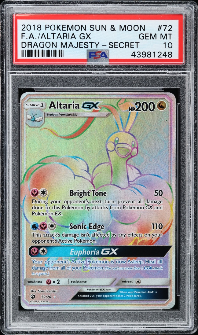 2018 Pokemon Sun & Moon Dragon Majesty Rainbow Rare Altaria GX #72 PSA 10 GEM MINT