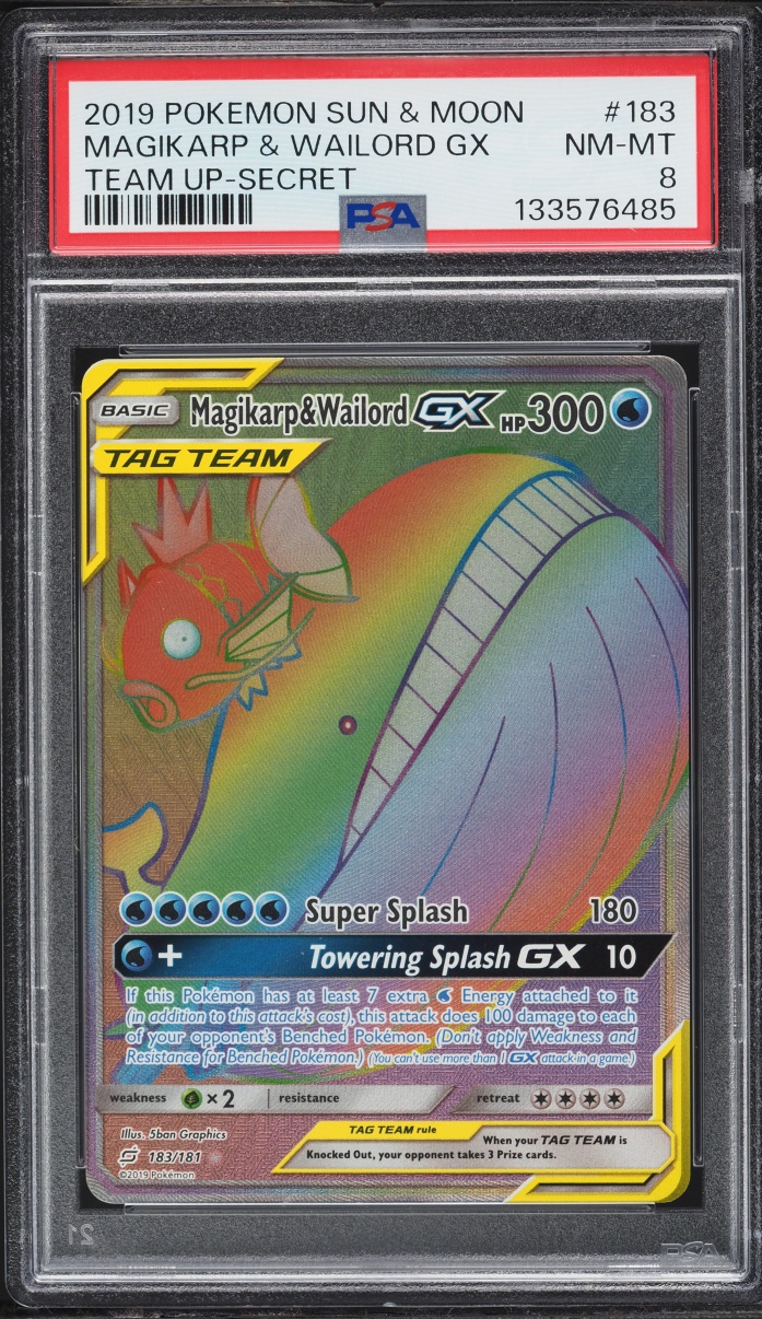 2019 Pokemon Sun & Moon Team Up Rainbow Rare Magikarp & Wailord GX #183 PSA 8 NM-MT