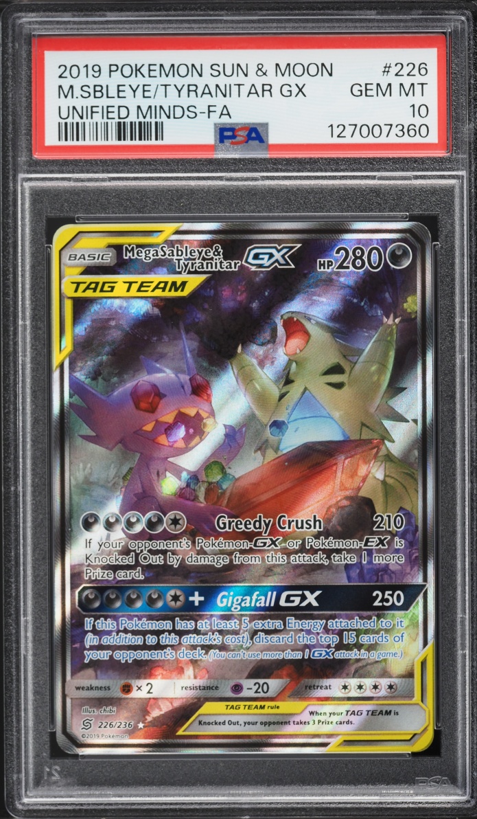 2019 Pokemon Sun & Moon Unified Minds Full Art Mega Sableye & Tyranitar GX #226 PSA 10 GEM MINT
