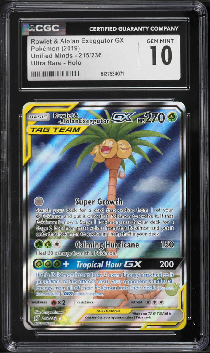 2019 Pokemon Sun & Moon Unified Minds Alt Art Rowlet & Alolan Exeggutor GX #215 CGC 10 GEM MINT