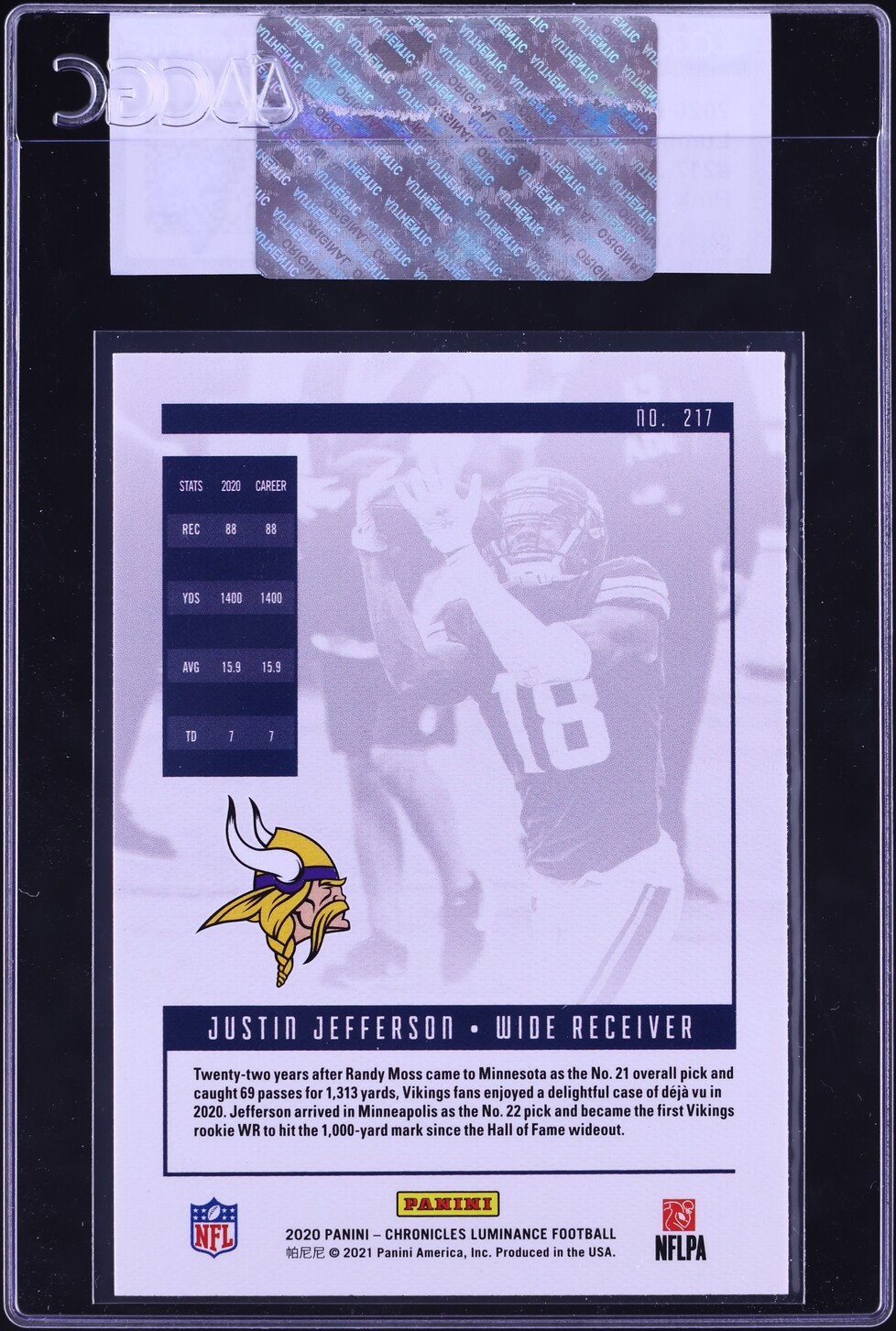 2020 Panini Chronicles Luminance Pink Justin Jefferson ROOKIE #217 CGC AUTH